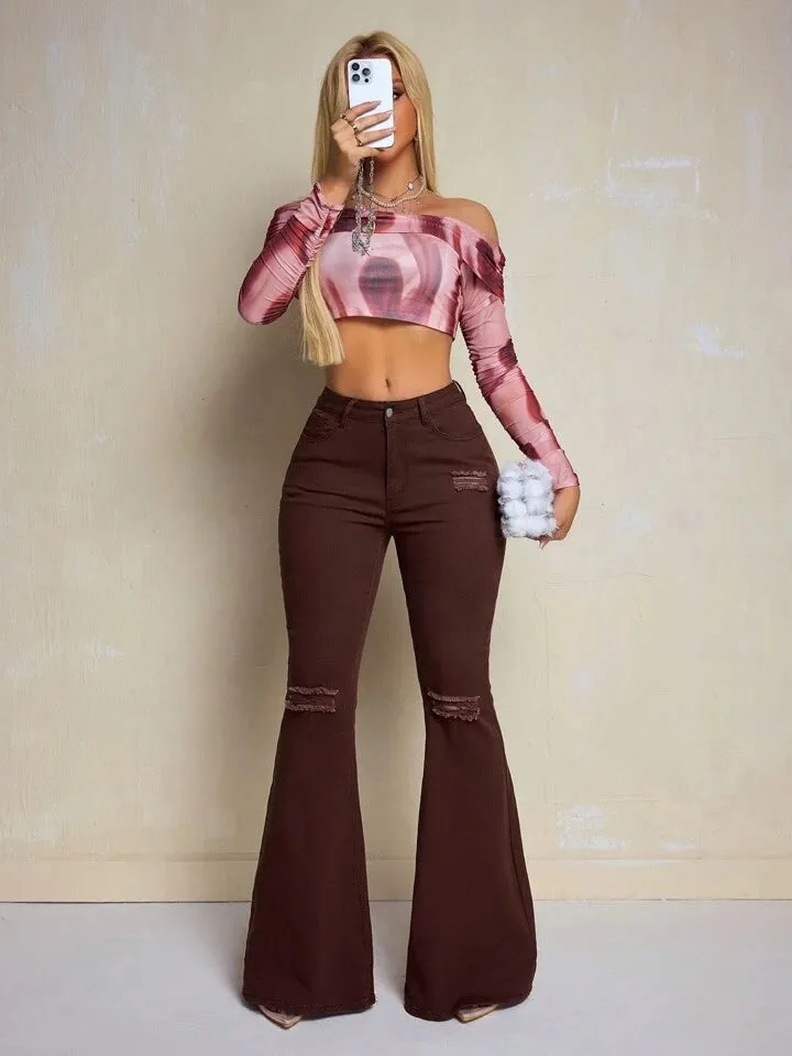 CM-BS438585 Women Casual Seoul Style Solid Color Frayed Hem Skinny Flared Jeans - Coffee Brown