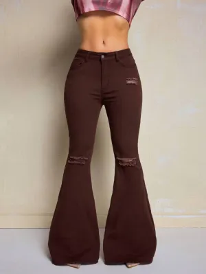 CM-BS438585 Women Casual Seoul Style Solid Color Frayed Hem Skinny Flared Jeans - Coffee Brown