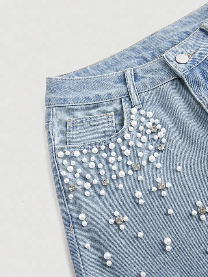 CM-BS445243 Women Casual Seoul Style Pearl Decor Pocket Wide Leg Loose Fit Jeans - Blue