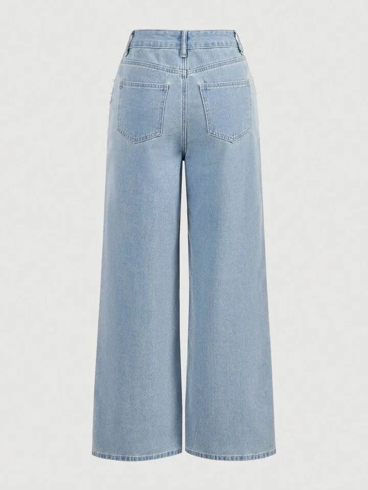 CM-BS445243 Women Casual Seoul Style Pearl Decor Pocket Wide Leg Loose Fit Jeans - Blue