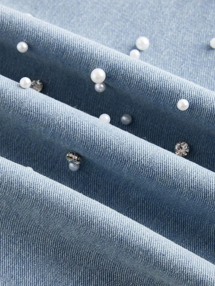 CM-BS445243 Women Casual Seoul Style Pearl Decor Pocket Wide Leg Loose Fit Jeans - Blue
