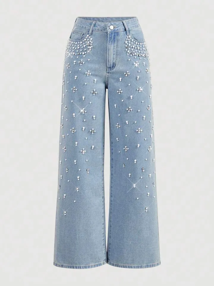 CM-BS445243 Women Casual Seoul Style Pearl Decor Pocket Wide Leg Loose Fit Jeans - Blue