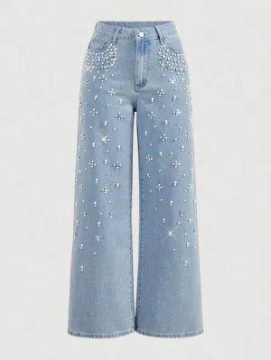 CM-BS445243 Women Casual Seoul Style Pearl Decor Pocket Wide Leg Loose Fit Jeans - Blue