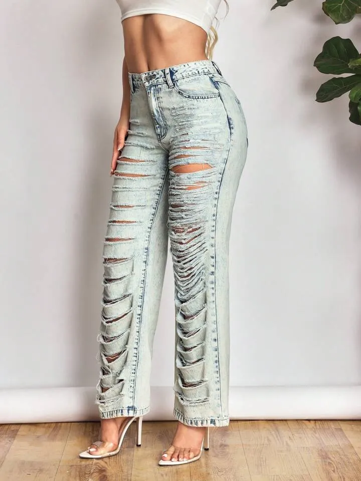 CM-BS445403 Women Casual Seoul Style Light Wash High Waist Distressed Straight Leg Jeans