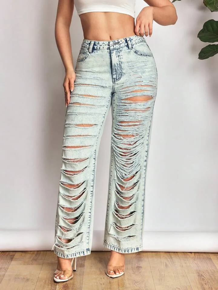 CM-BS445403 Women Casual Seoul Style Light Wash High Waist Distressed Straight Leg Jeans