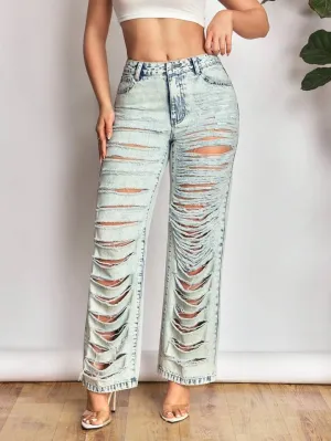 CM-BS445403 Women Casual Seoul Style Light Wash High Waist Distressed Straight Leg Jeans