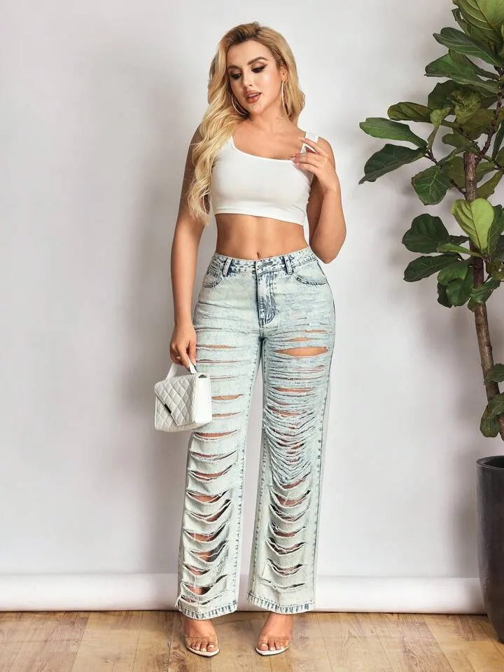 CM-BS445403 Women Casual Seoul Style Light Wash High Waist Distressed Straight Leg Jeans