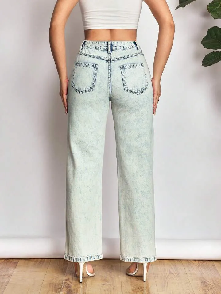 CM-BS445403 Women Casual Seoul Style Light Wash High Waist Distressed Straight Leg Jeans
