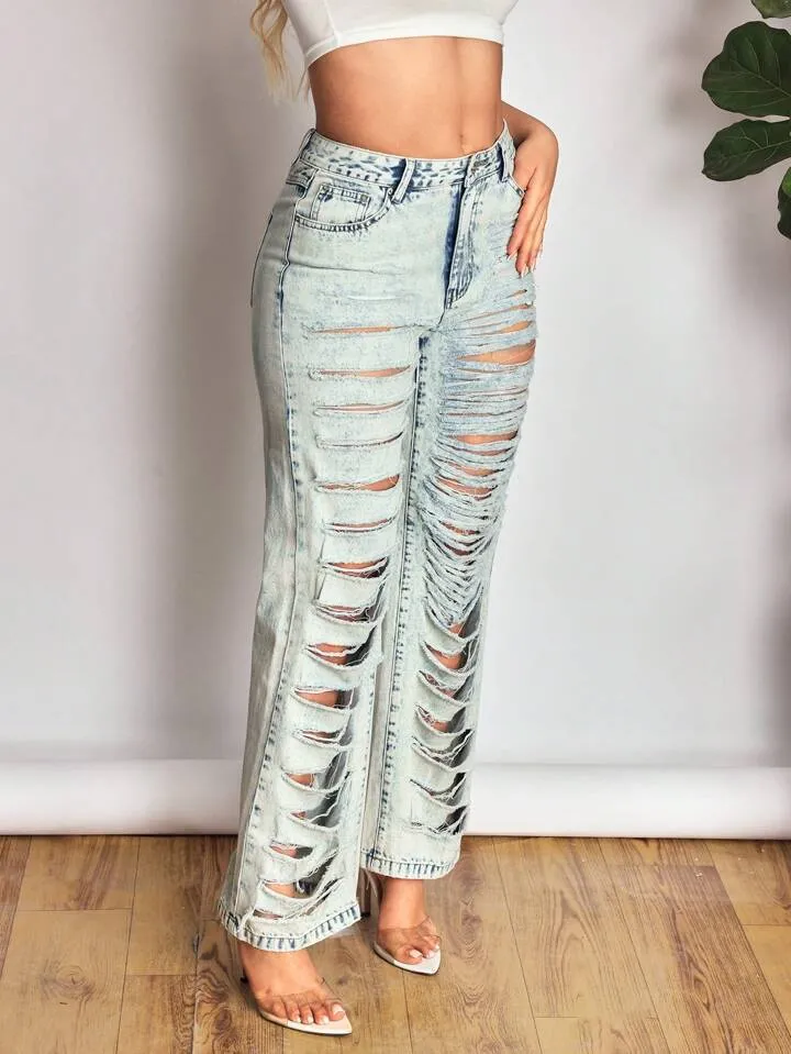 CM-BS445403 Women Casual Seoul Style Light Wash High Waist Distressed Straight Leg Jeans