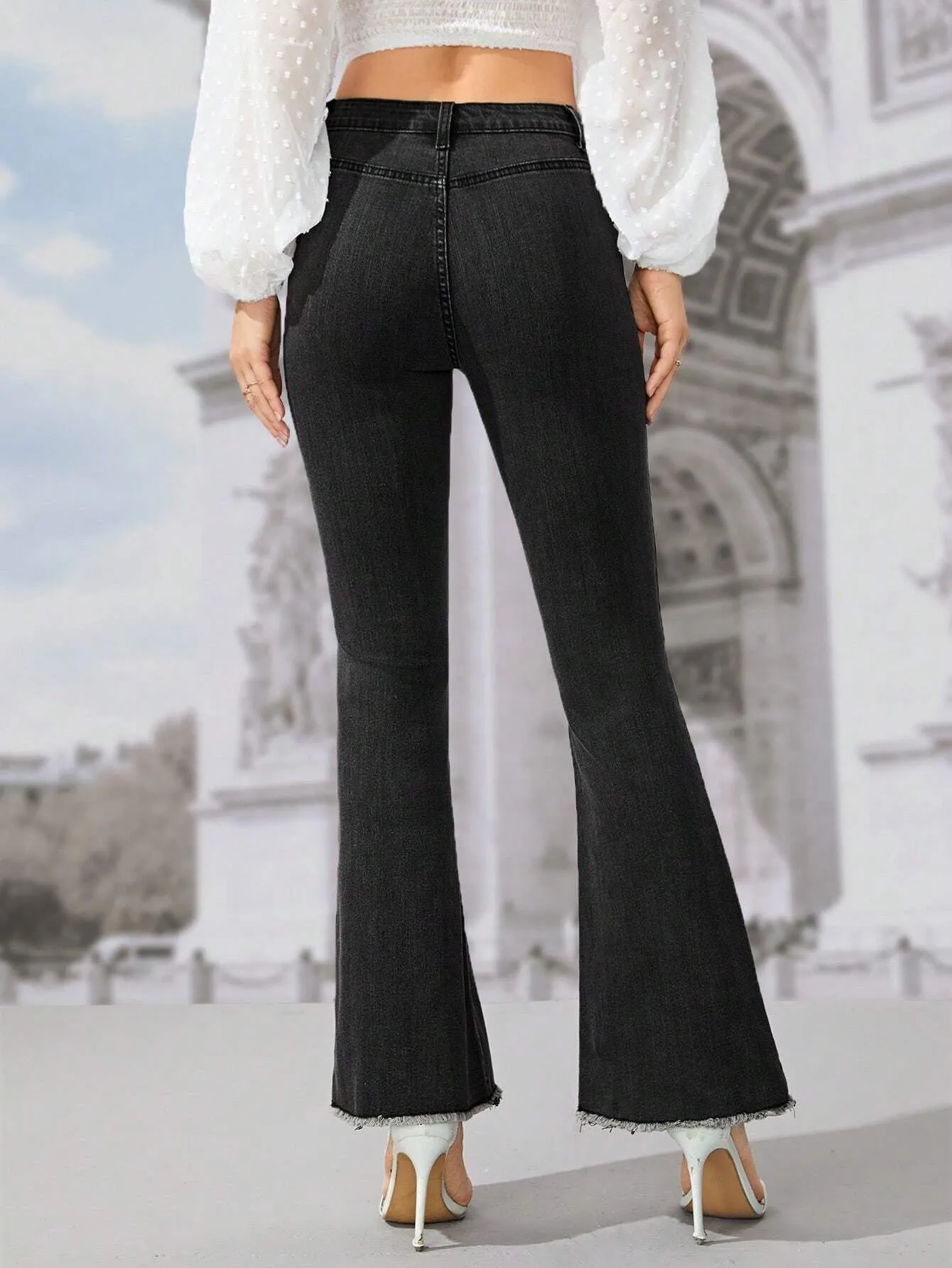 CM-BS451125 Women Casual Seoul Style Button Fly Ripped Raw Hem Flare Leg Jeans
