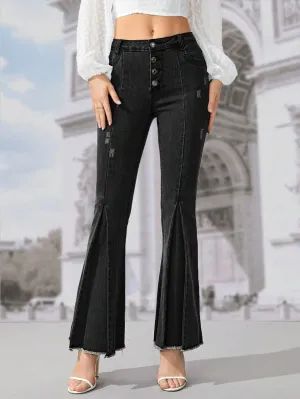 CM-BS451125 Women Casual Seoul Style Button Fly Ripped Raw Hem Flare Leg Jeans