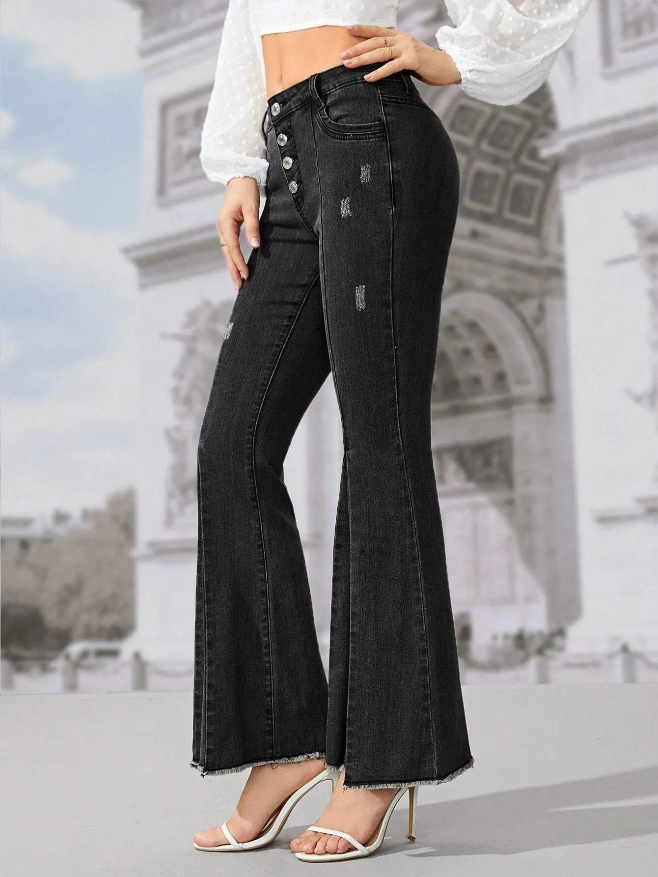 CM-BS451125 Women Casual Seoul Style Button Fly Ripped Raw Hem Flare Leg Jeans