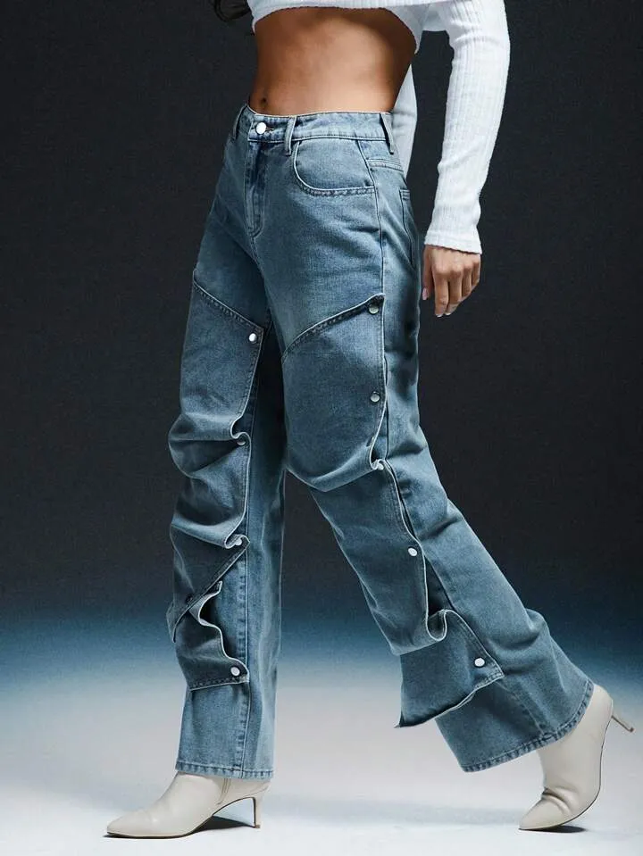 CM-BS474323 Women Casual Seoul Style Adjustable Snap Button Extra Long Baggy Jeans - Blue