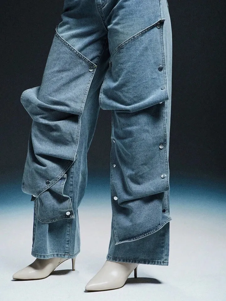 CM-BS474323 Women Casual Seoul Style Adjustable Snap Button Extra Long Baggy Jeans - Blue