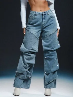 CM-BS474323 Women Casual Seoul Style Adjustable Snap Button Extra Long Baggy Jeans - Blue