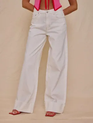CM-BS506625 Women Casual Seoul Style Drop Waist Extra Long Straight Leg Jeans - White