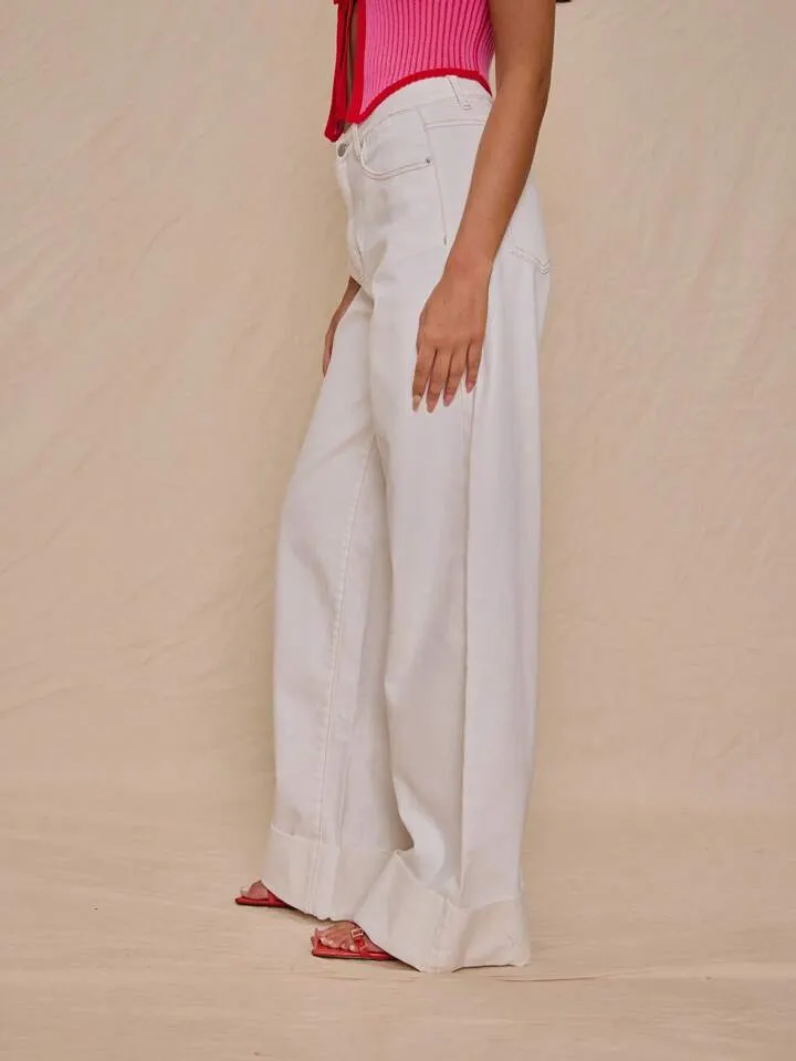CM-BS506625 Women Casual Seoul Style Drop Waist Extra Long Straight Leg Jeans - White