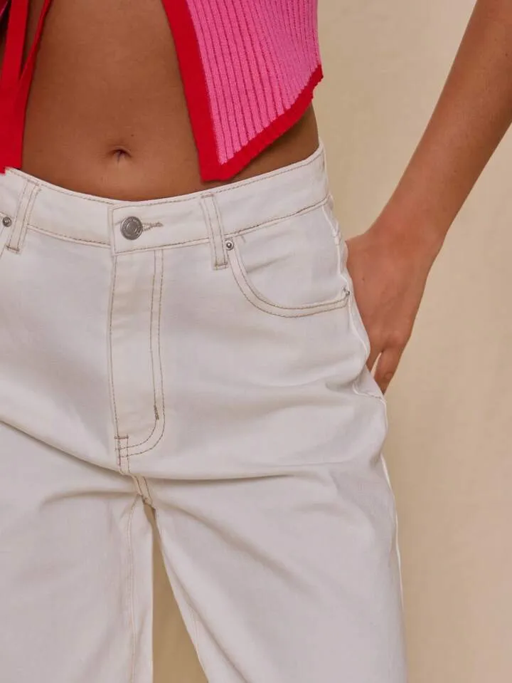 CM-BS506625 Women Casual Seoul Style Drop Waist Extra Long Straight Leg Jeans - White