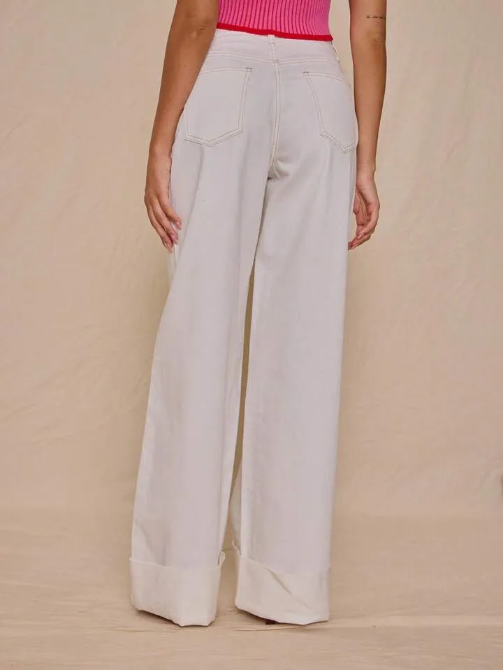 CM-BS506625 Women Casual Seoul Style Drop Waist Extra Long Straight Leg Jeans - White