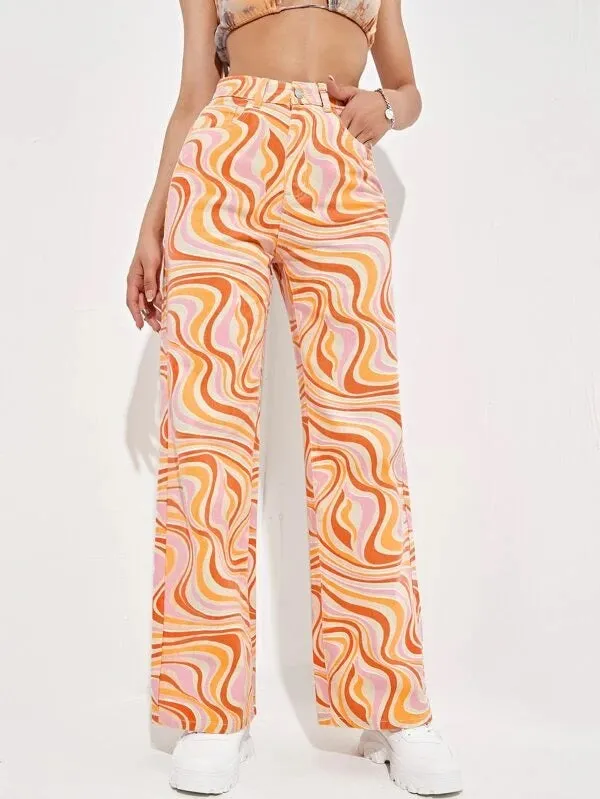 CM-BS521299 Women Casual Seoul Style Allover Print Slant Pockets High Waist Wide Leg Jeans