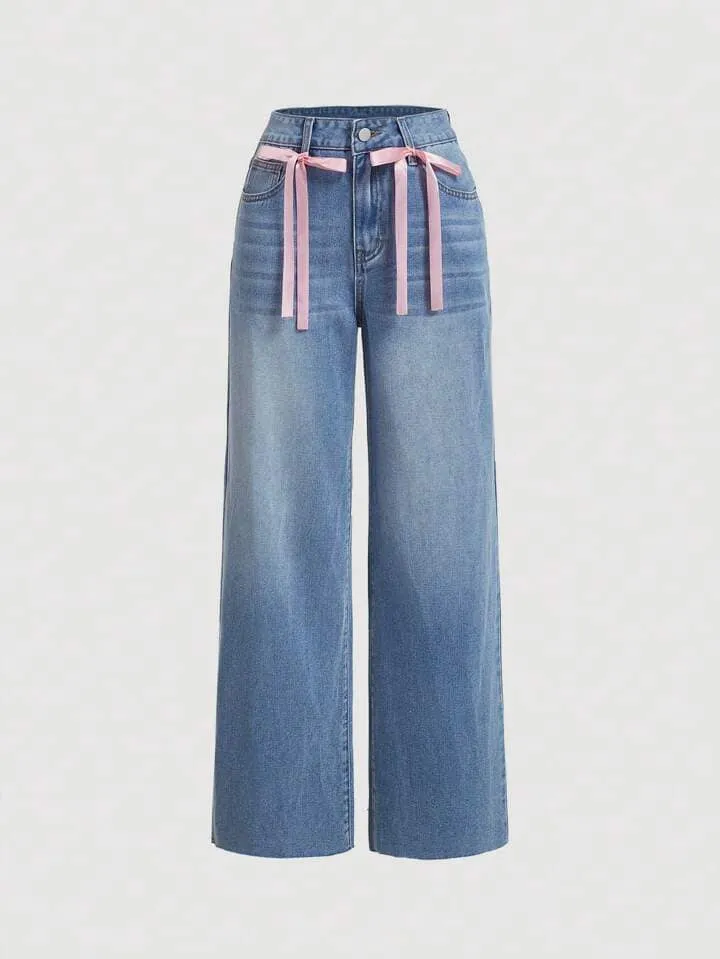 CM-BS568898 Women Casual Seoul Style Light Wash Bow Decor Wide Leg Jeans