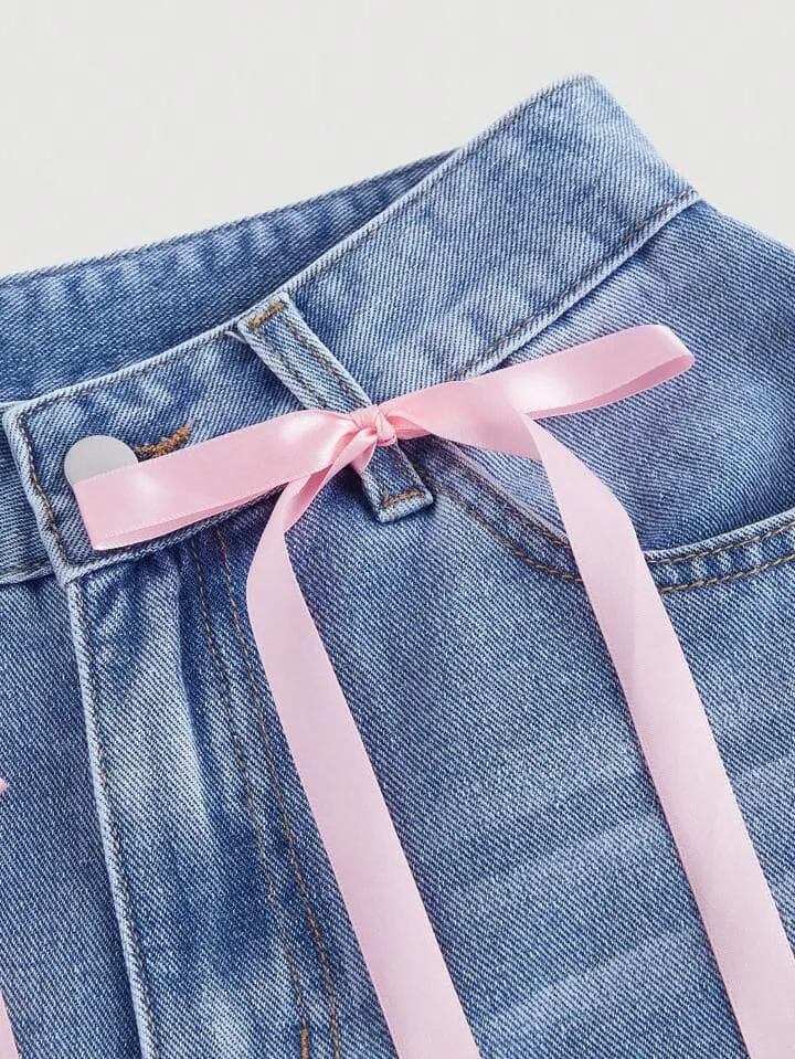CM-BS568898 Women Casual Seoul Style Light Wash Bow Decor Wide Leg Jeans