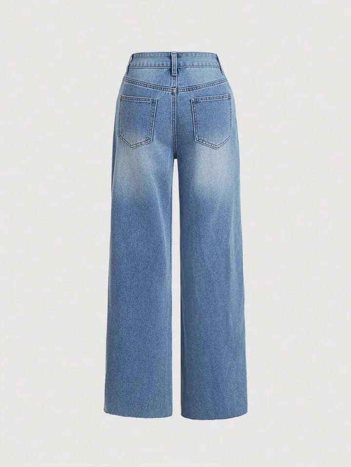 CM-BS568898 Women Casual Seoul Style Light Wash Bow Decor Wide Leg Jeans