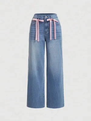 CM-BS568898 Women Casual Seoul Style Light Wash Bow Decor Wide Leg Jeans