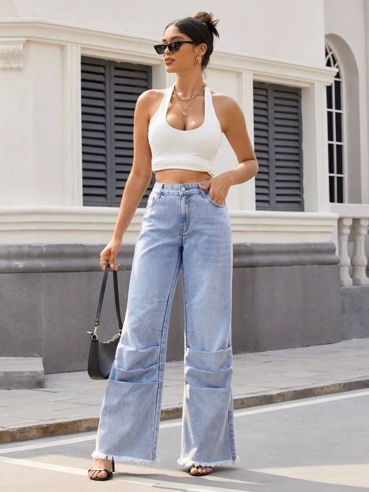 CM-BS577192 Women Casual Seoul Style Light Wash Pockets Pleated Patchwork Frayed Hem Jeans
