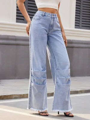 CM-BS577192 Women Casual Seoul Style Light Wash Pockets Pleated Patchwork Frayed Hem Jeans