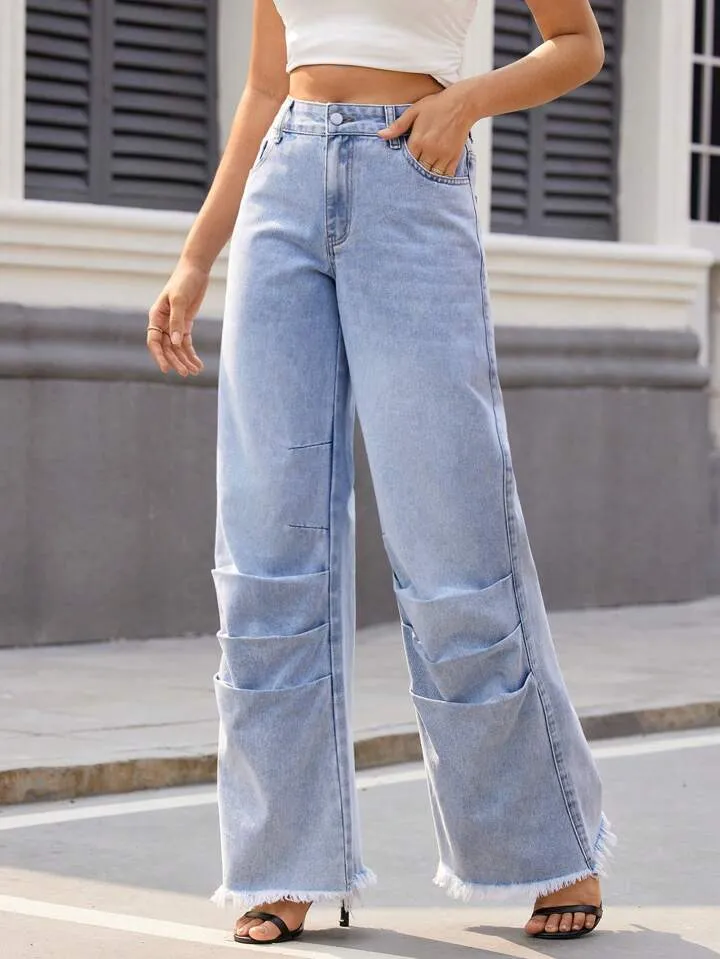 CM-BS577192 Women Casual Seoul Style Light Wash Pockets Pleated Patchwork Frayed Hem Jeans