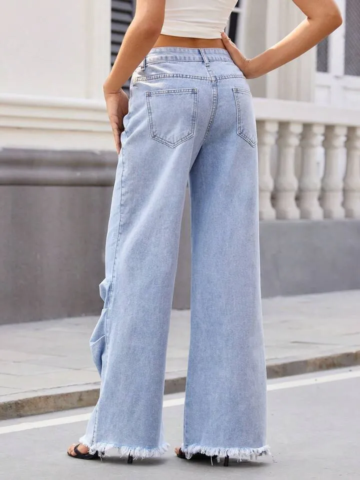 CM-BS577192 Women Casual Seoul Style Light Wash Pockets Pleated Patchwork Frayed Hem Jeans