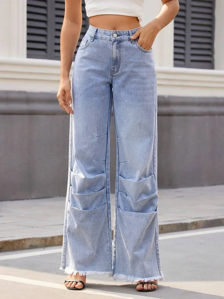 CM-BS577192 Women Casual Seoul Style Light Wash Pockets Pleated Patchwork Frayed Hem Jeans