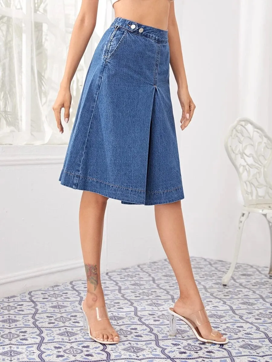 CM-BS601200 Women Casual Seoul Style Button Waist Slant Pocket Denim Shorts