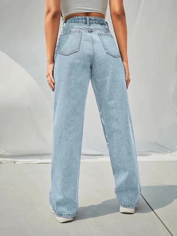 CM-BS601777 Women Casual Seoul Style Light Wash High Waist Cartoon Graphic Wide Leg Jeans