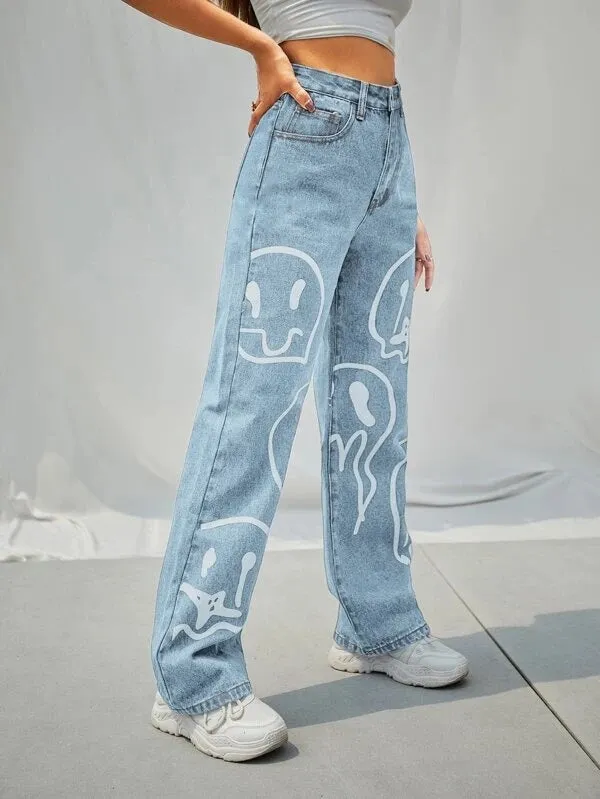CM-BS601777 Women Casual Seoul Style Light Wash High Waist Cartoon Graphic Wide Leg Jeans
