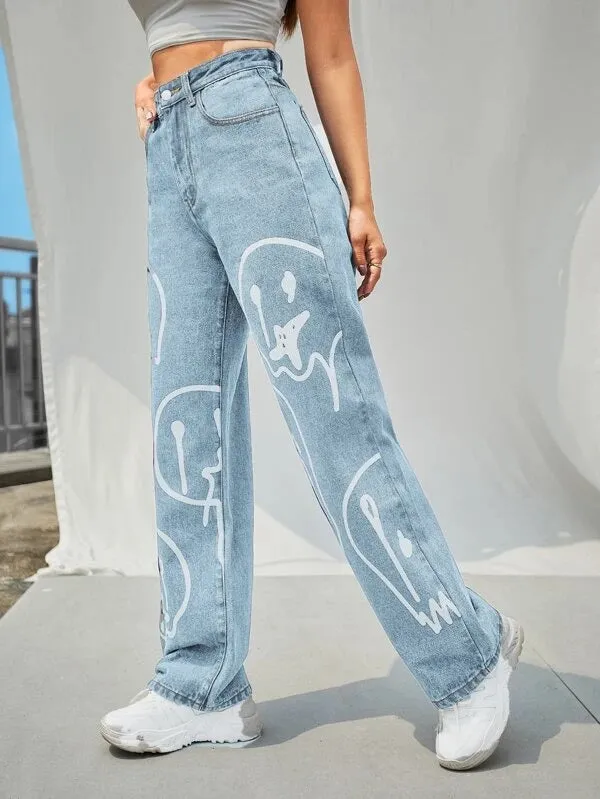 CM-BS601777 Women Casual Seoul Style Light Wash High Waist Cartoon Graphic Wide Leg Jeans