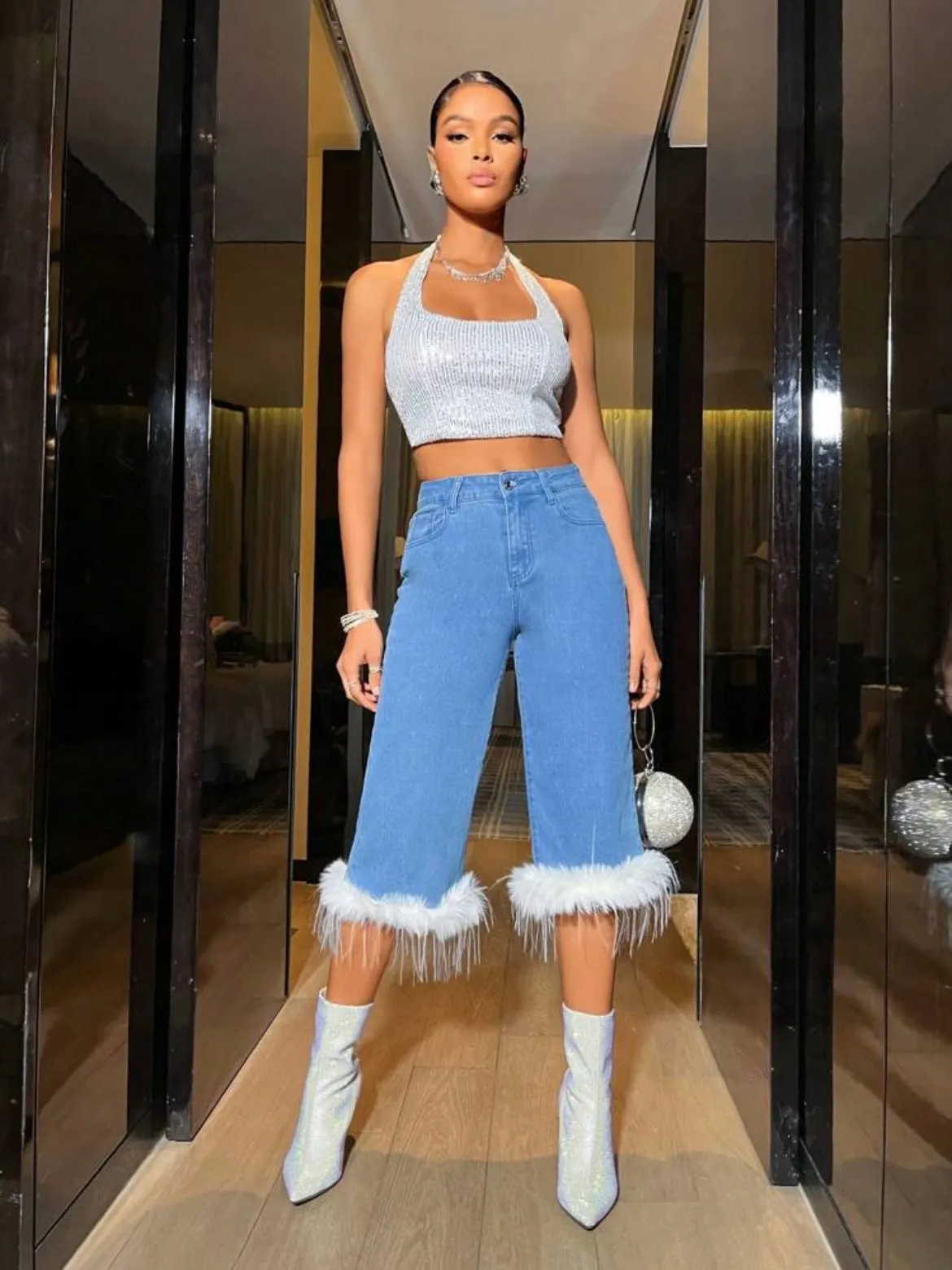 CM-BS607769 Women Casual Seoul Style Light Wash Plush Edged Straight Leg Denim Pants