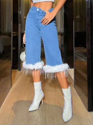 CM-BS607769 Women Casual Seoul Style Light Wash Plush Edged Straight Leg Denim Pants
