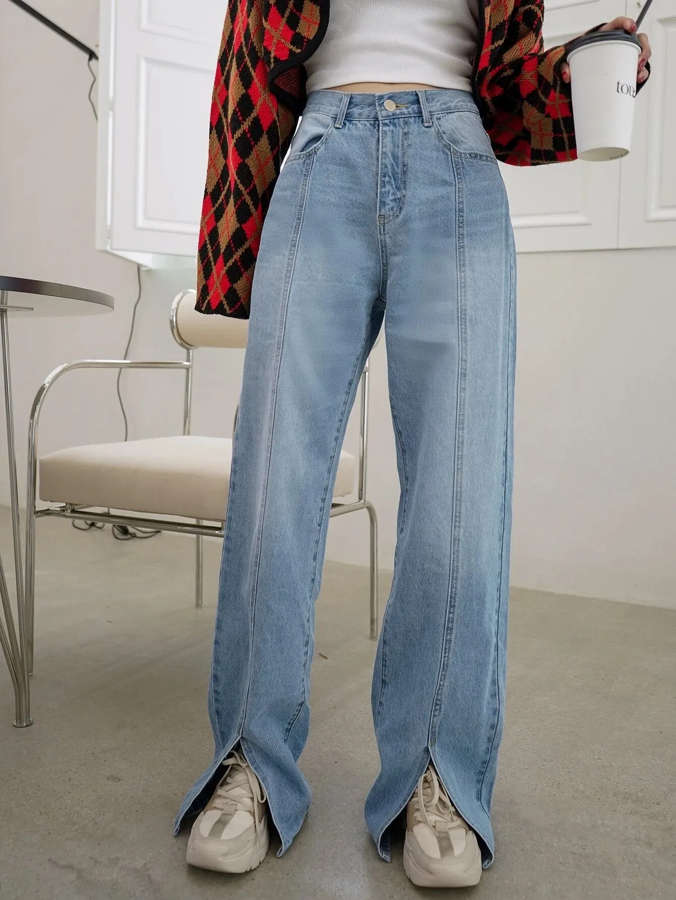 CM-BS608171 Women Casual Seoul Style Light Wash High Waist Split Straight Leg Jeans