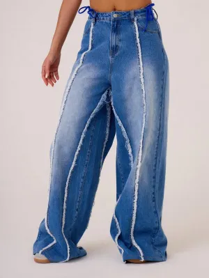 CM-BS622355 Women Casual Seoul Style Drop Waist Distressed Seam Wide Leg Jeans - Blue