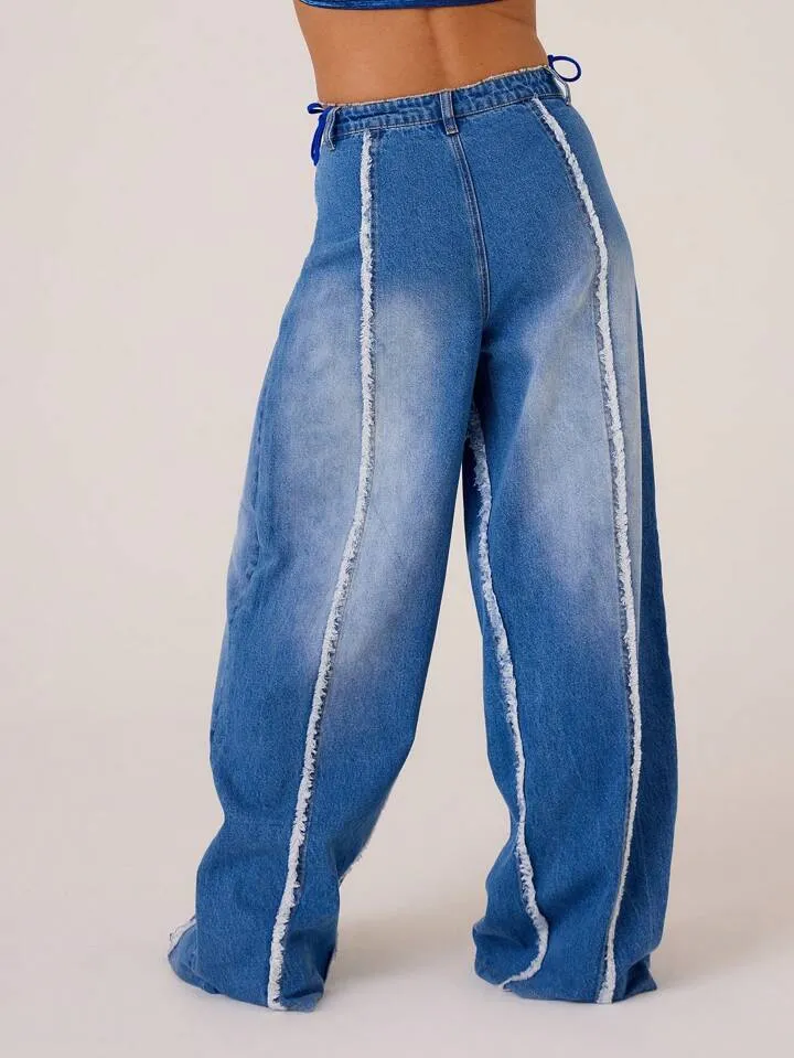 CM-BS622355 Women Casual Seoul Style Drop Waist Distressed Seam Wide Leg Jeans - Blue