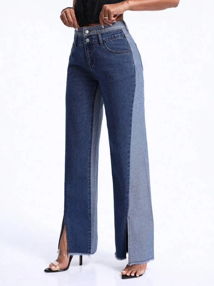 CM-BS624122 Women Casual Seoul Style Contrast Color Split Wide-Leg Jeans - Blue