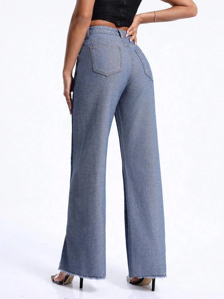 CM-BS624122 Women Casual Seoul Style Contrast Color Split Wide-Leg Jeans - Blue