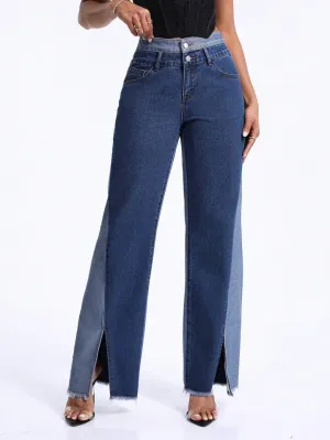 CM-BS624122 Women Casual Seoul Style Contrast Color Split Wide-Leg Jeans - Blue