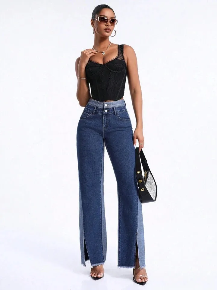CM-BS624122 Women Casual Seoul Style Contrast Color Split Wide-Leg Jeans - Blue