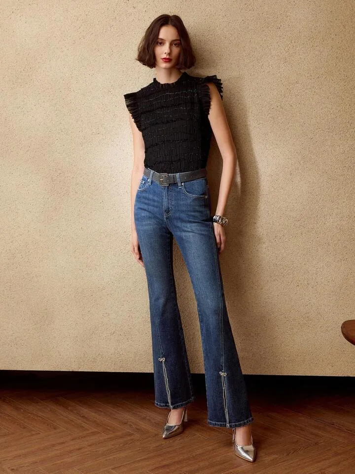 CM-BS671797 Women Elegant Seoul Style Rhinestone Bow Chain Detail Split Hem Flare Leg Denim Jeans