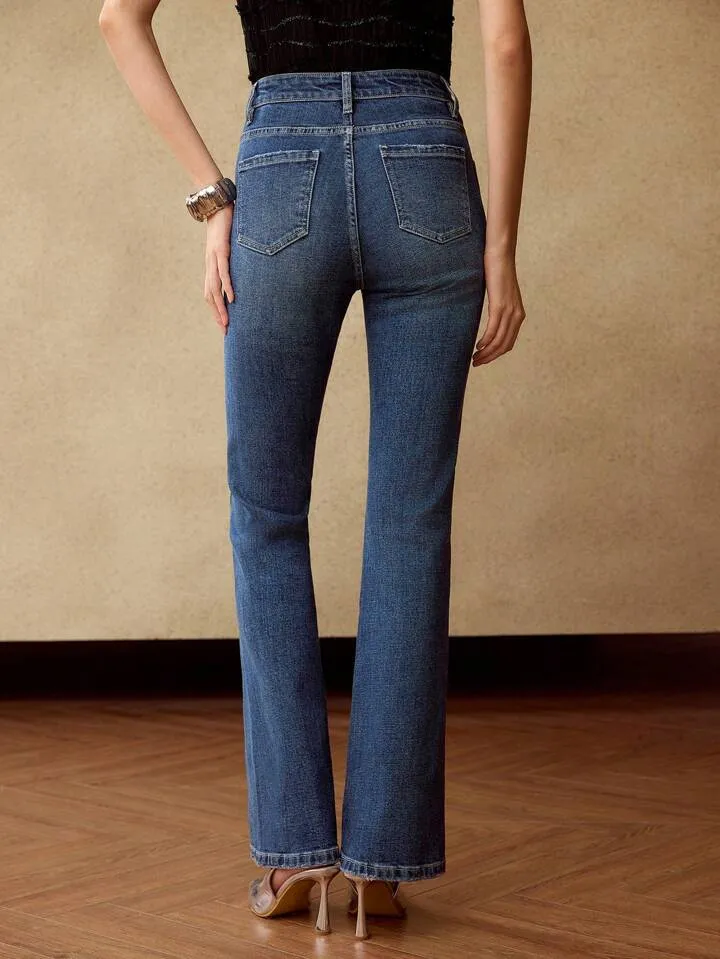 CM-BS671797 Women Elegant Seoul Style Rhinestone Bow Chain Detail Split Hem Flare Leg Denim Jeans