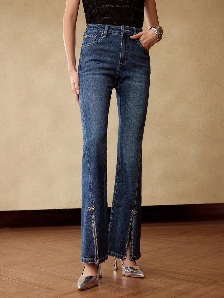 CM-BS671797 Women Elegant Seoul Style Rhinestone Bow Chain Detail Split Hem Flare Leg Denim Jeans