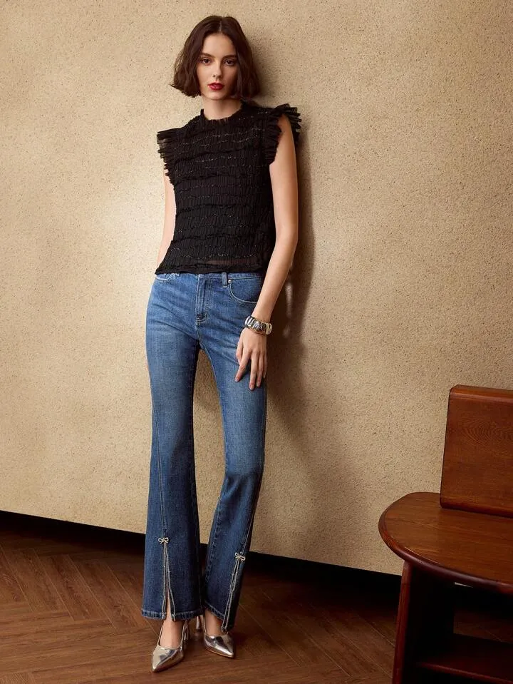 CM-BS671797 Women Elegant Seoul Style Rhinestone Bow Chain Detail Split Hem Flare Leg Denim Jeans